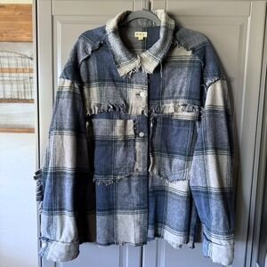 POL Distressed Plaid Jean Jacket in Blue and Gray